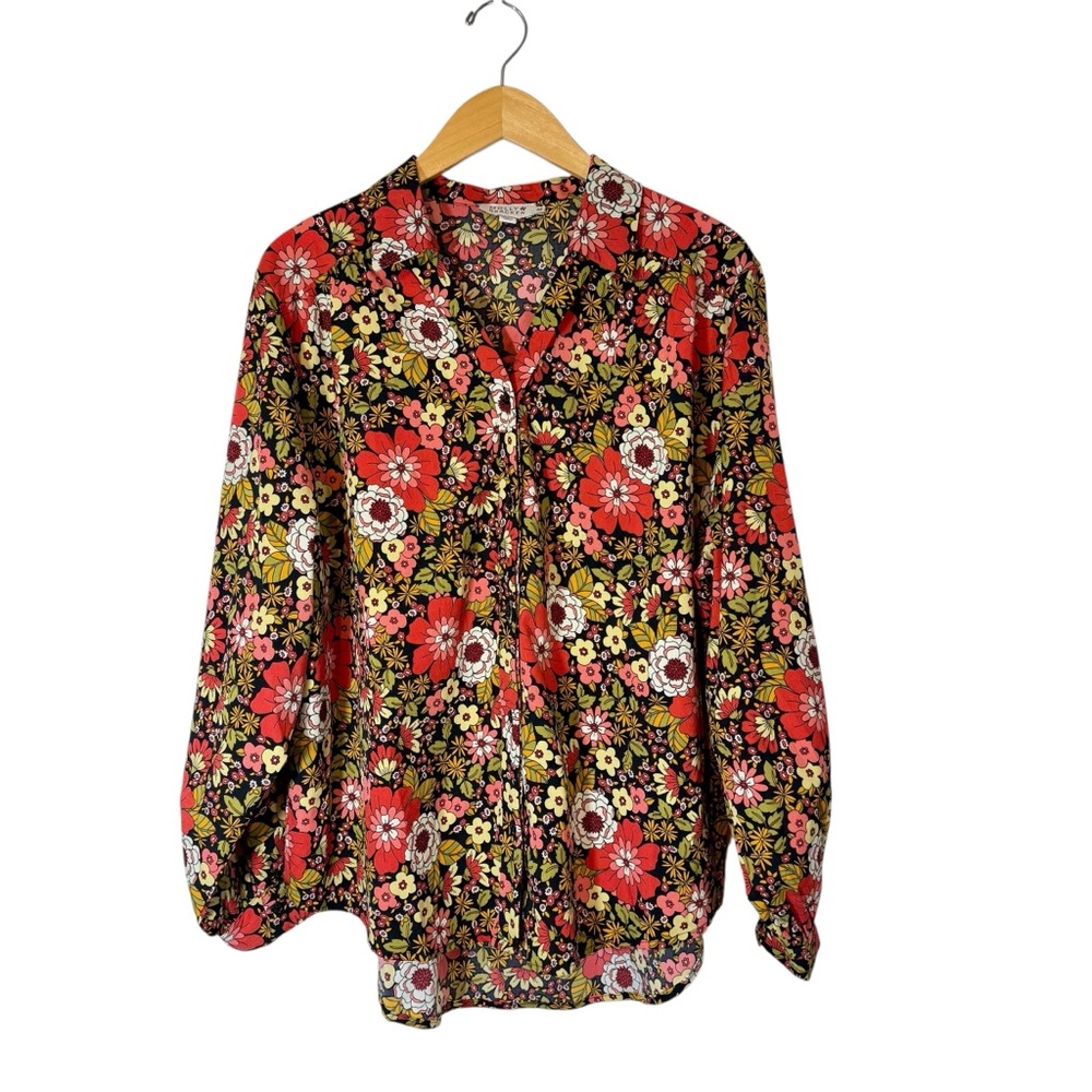 Molly Bracken Button Down Blouse Green Red Floral Print Puff Sleeve Boho - Picture 3 of 9
